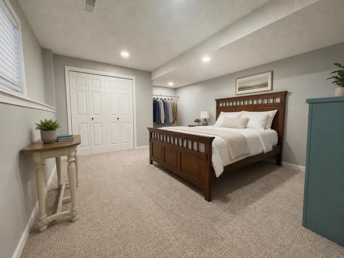 Basement bedroom with wooden bedframe — after